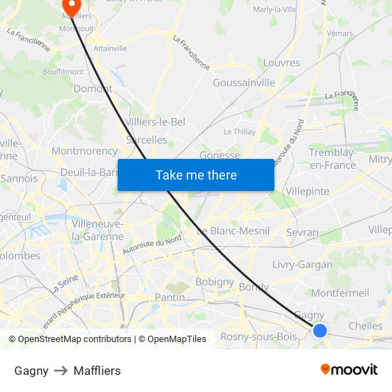 Gagny to Maffliers map