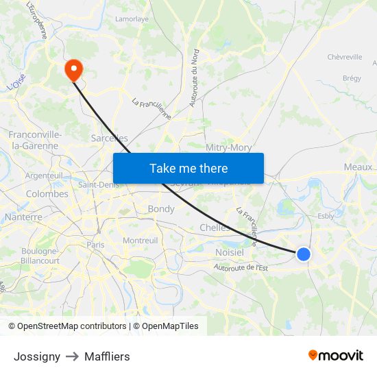 Jossigny to Maffliers map