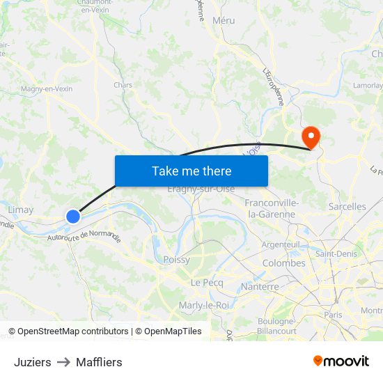 Juziers to Maffliers map