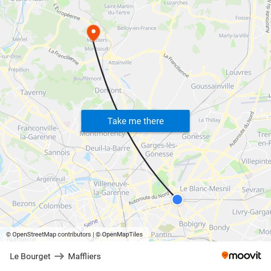 Le Bourget to Maffliers map