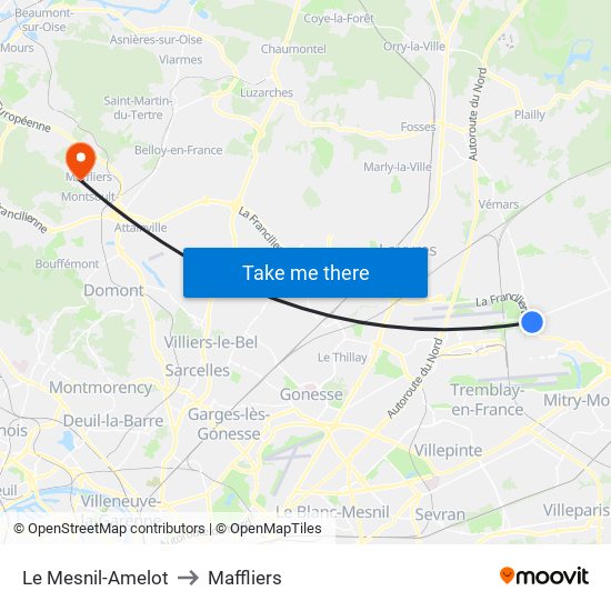 Le Mesnil-Amelot to Maffliers map