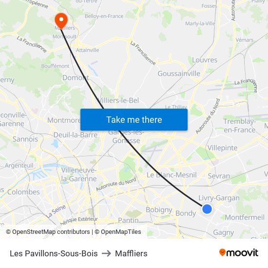Les Pavillons-Sous-Bois to Maffliers map