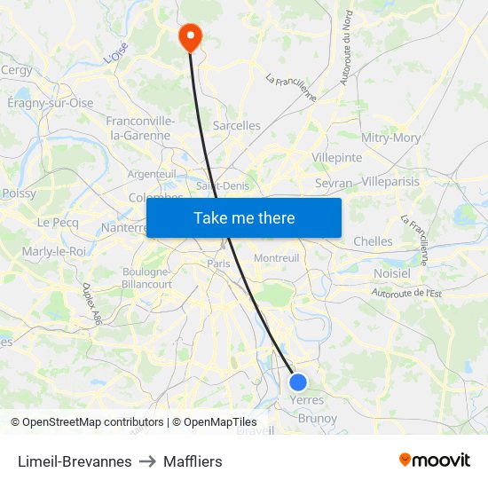 Limeil-Brevannes to Maffliers map