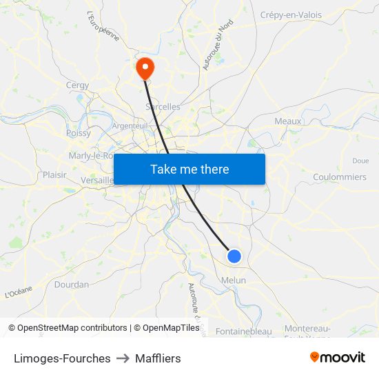 Limoges-Fourches to Maffliers map