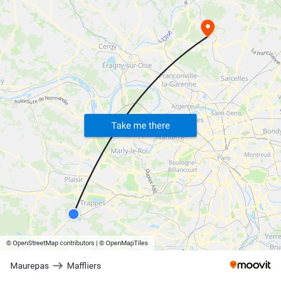 Maurepas to Maffliers map
