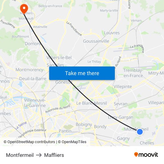 Montfermeil to Maffliers map