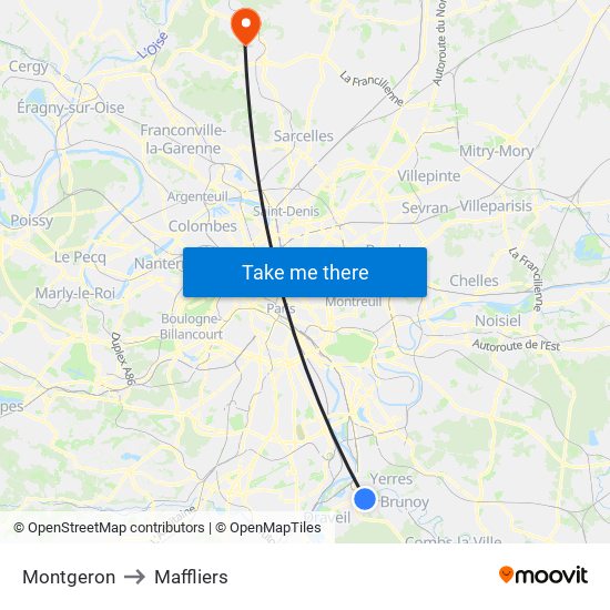 Montgeron to Maffliers map