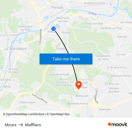Mours to Maffliers map