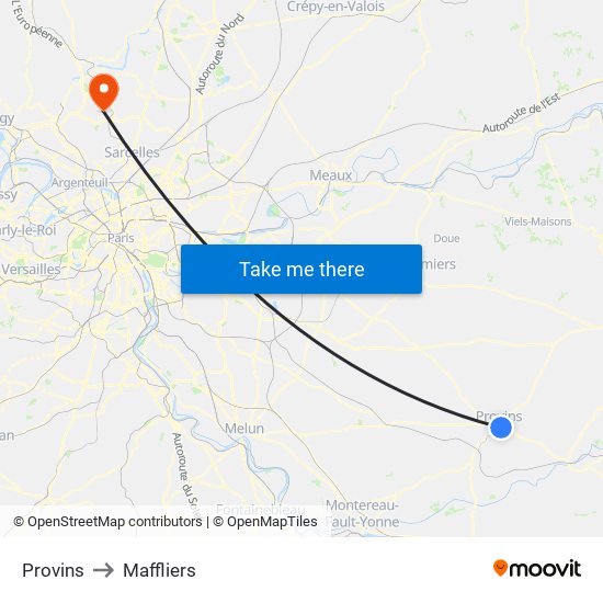 Provins to Maffliers map