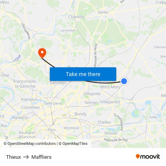 Thieux to Maffliers map