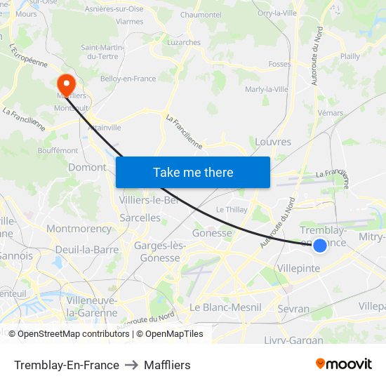 Tremblay-En-France to Maffliers map
