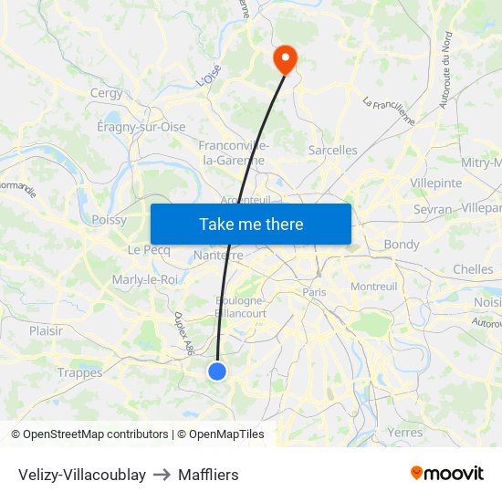 Velizy-Villacoublay to Maffliers map