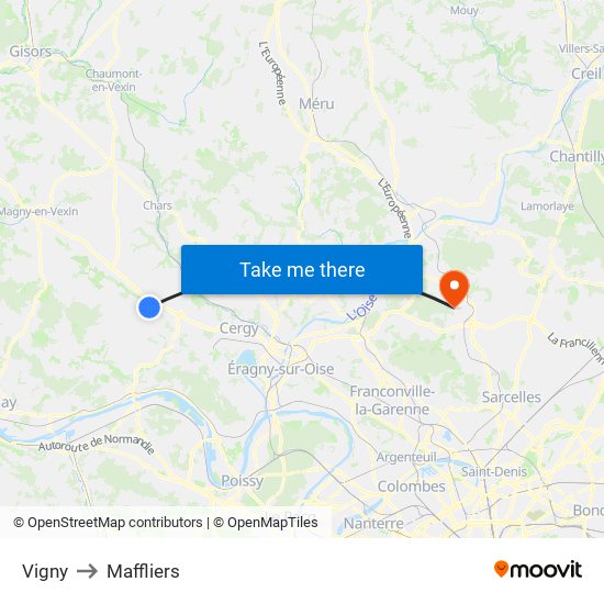 Vigny to Maffliers map