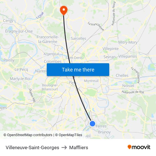 Villeneuve-Saint-Georges to Maffliers map