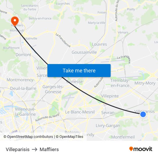 Villeparisis to Maffliers map