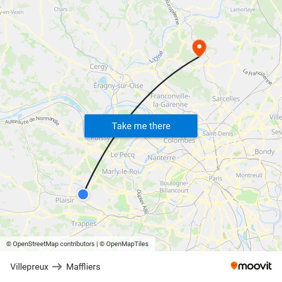 Villepreux to Maffliers map