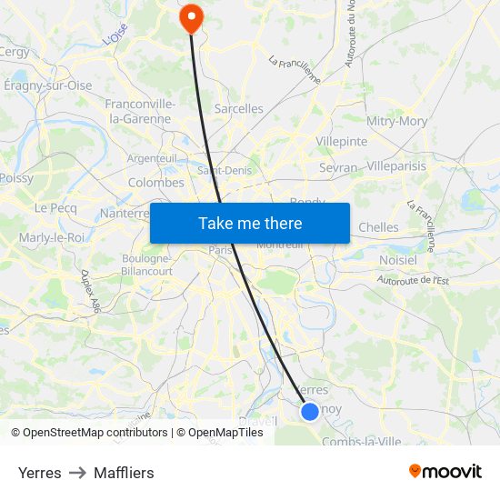 Yerres to Maffliers map