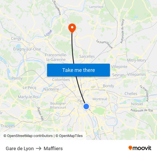 Gare de Lyon to Maffliers map