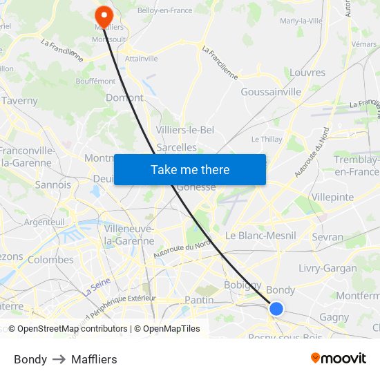 Bondy to Maffliers map