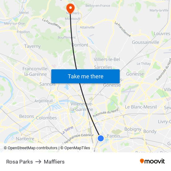 Rosa Parks to Maffliers map