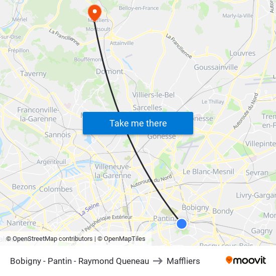 Bobigny - Pantin - Raymond Queneau to Maffliers map