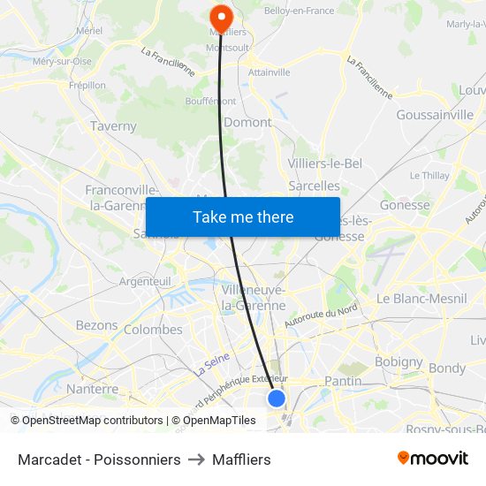 Marcadet - Poissonniers to Maffliers map