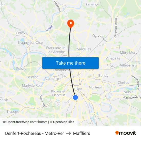 Denfert-Rochereau - Métro-Rer to Maffliers map