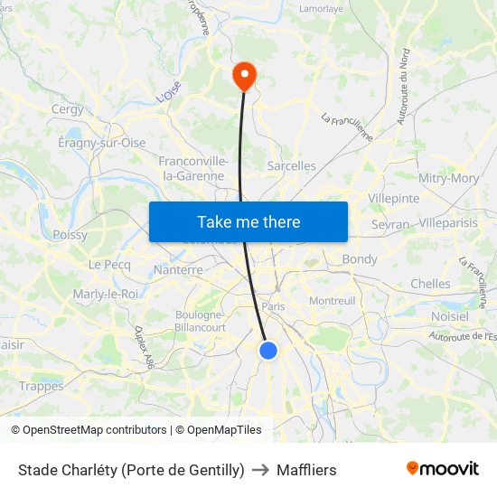Stade Charléty (Porte de Gentilly) to Maffliers map