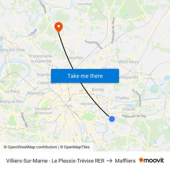 Villiers-Sur-Marne - Le Plessis-Trévise RER to Maffliers map