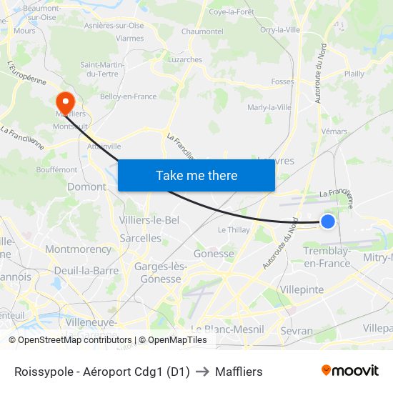 Roissypole - Aéroport Cdg1 (D1) to Maffliers map