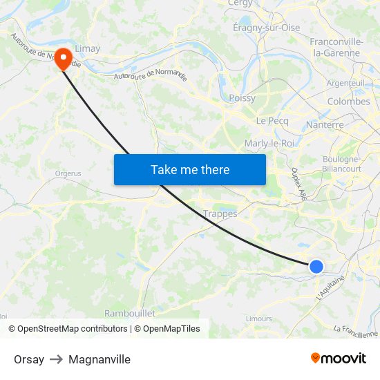 Orsay to Magnanville map