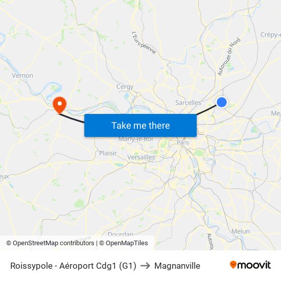 Roissypole - Aéroport Cdg1 (G1) to Magnanville map