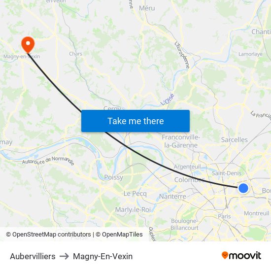 Aubervilliers to Magny-En-Vexin map