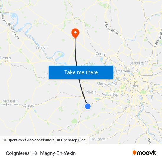 Coignieres to Magny-En-Vexin map