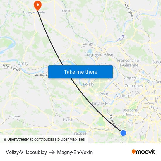 Velizy-Villacoublay to Magny-En-Vexin map