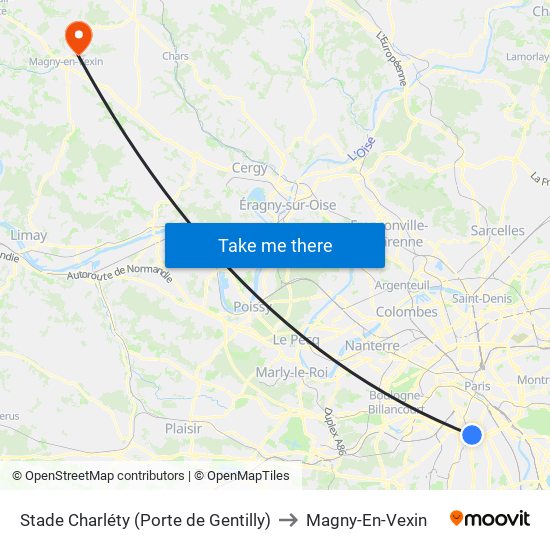 Stade Charléty (Porte de Gentilly) to Magny-En-Vexin map