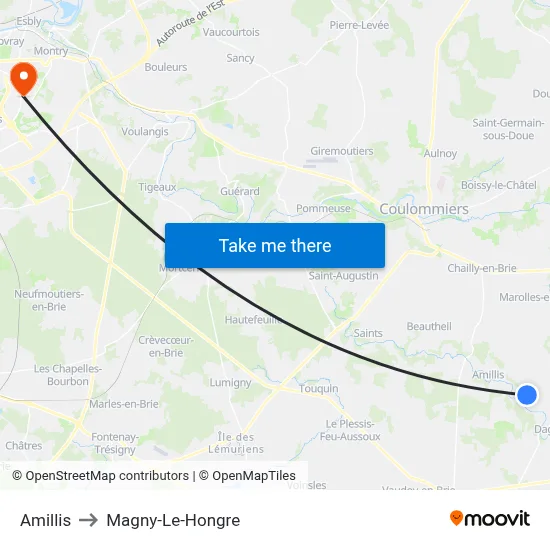Amillis to Magny-Le-Hongre map