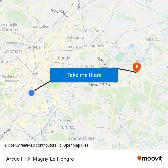 Arcueil to Magny-Le-Hongre map