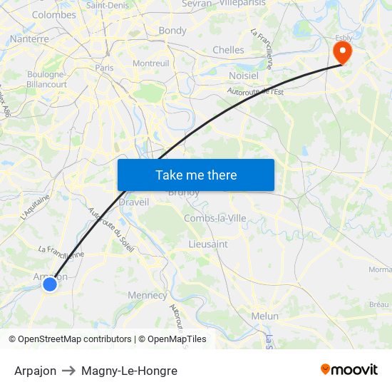 Arpajon to Magny-Le-Hongre map