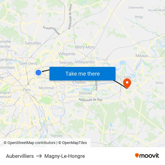 Aubervilliers to Magny-Le-Hongre map