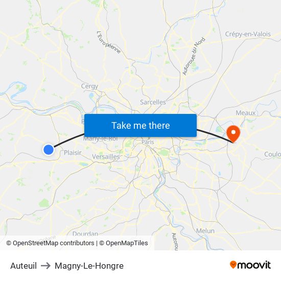 Auteuil to Magny-Le-Hongre map