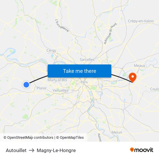 Autouillet to Magny-Le-Hongre map