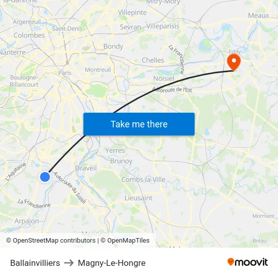 Ballainvilliers to Magny-Le-Hongre map