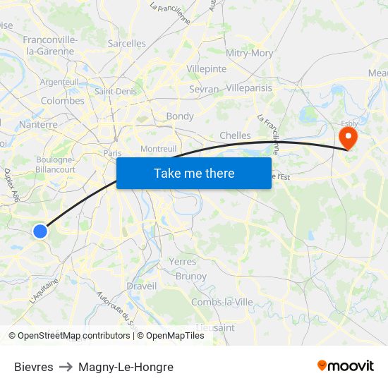 Bievres to Magny-Le-Hongre map