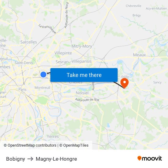 Bobigny to Magny-Le-Hongre map