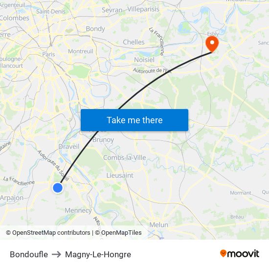 Bondoufle to Magny-Le-Hongre map