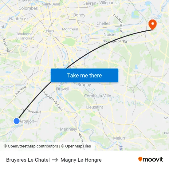 Bruyeres-Le-Chatel to Magny-Le-Hongre map