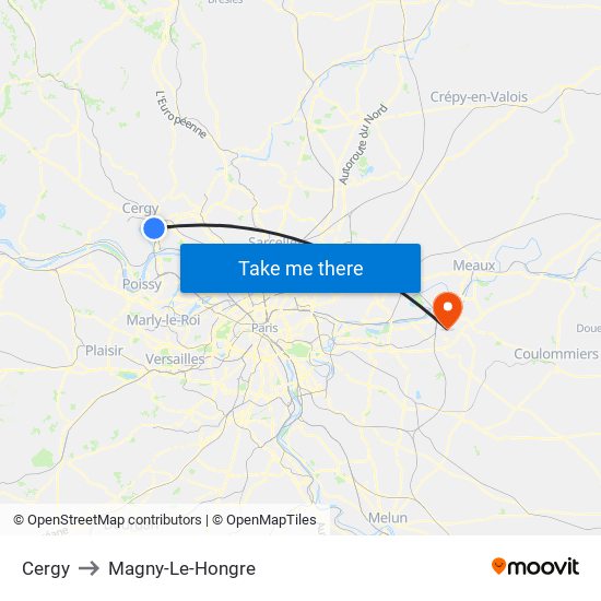 Cergy to Magny-Le-Hongre map