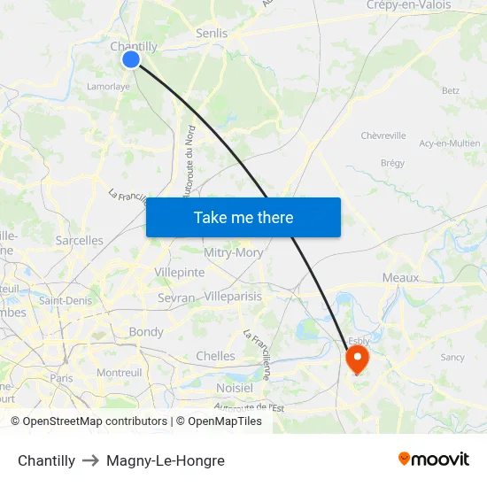 Chantilly to Magny-Le-Hongre map