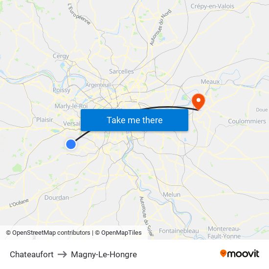 Chateaufort to Magny-Le-Hongre map